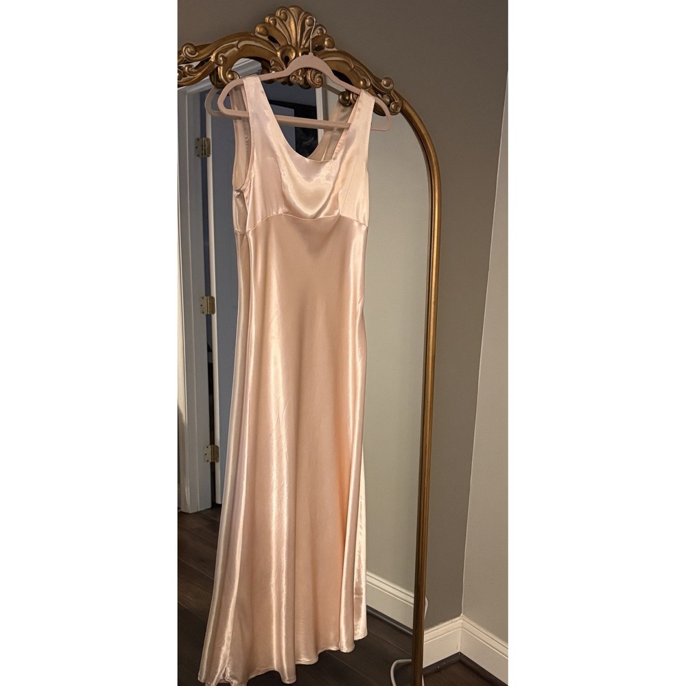 Vintage 90s Cosmos Collection Pink Satin Slip Dress Lace Up Back M Made in USA